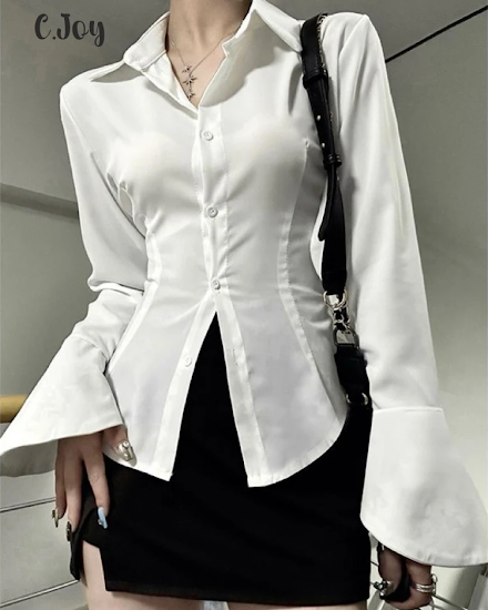 Sexy Solid Slim Flared Sleeve Women Shirt Lapel Single-br... - 0