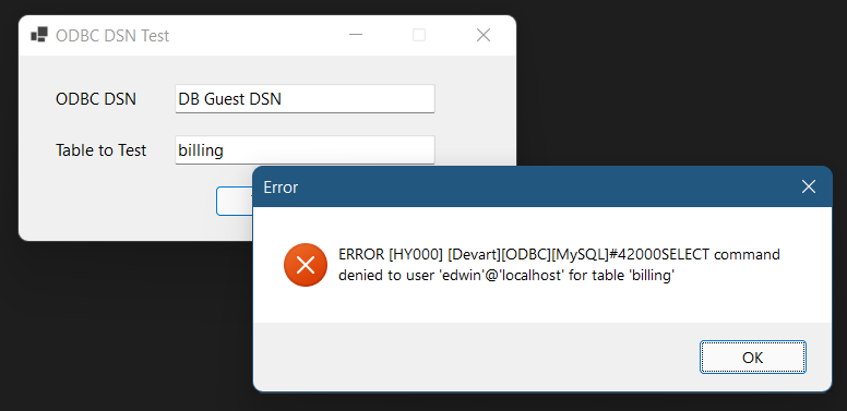 Error occurs in an ODBC test connection with limited database permissions.