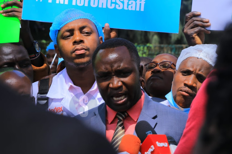 The Kenya Union of Clinical Officers (KUCO) SG George Gibore speaking during demonstrations on April 8, 2024.