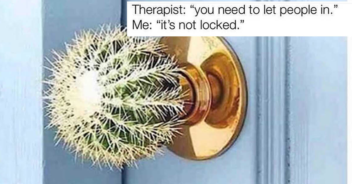 Picture of a doorknob with a very spiky cactus on it. 

Therapist: “you need to let people in.”

Me: “it’s not locked.”