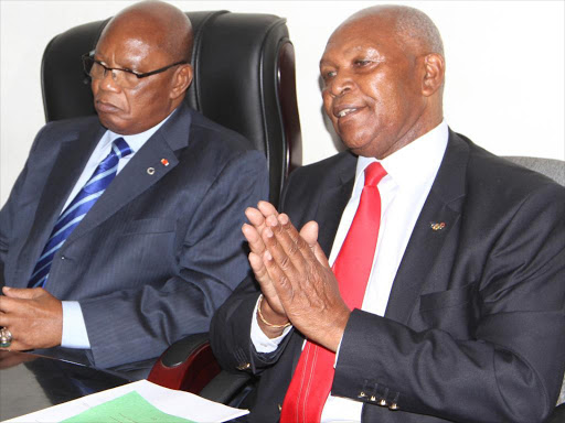 Africa National Olympic Com- mittee of Africa president Lassana Palenfo (L) meets National Olympic Committee-Ken- bya president Dr Kipchoge Keino /COURTESY