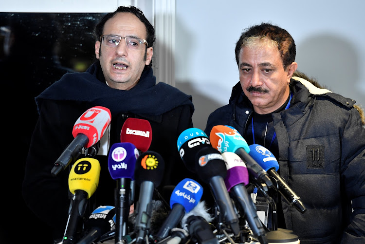 Abdul Malik al-Hajry and Abdul Majid Hanash of the Houthi rebel delegation, speak at a news briefing during the ongoing peace talks on Yemen held at Johannesberg Castle in Rimbo near Stockholm, Sweden December 8, 2018.