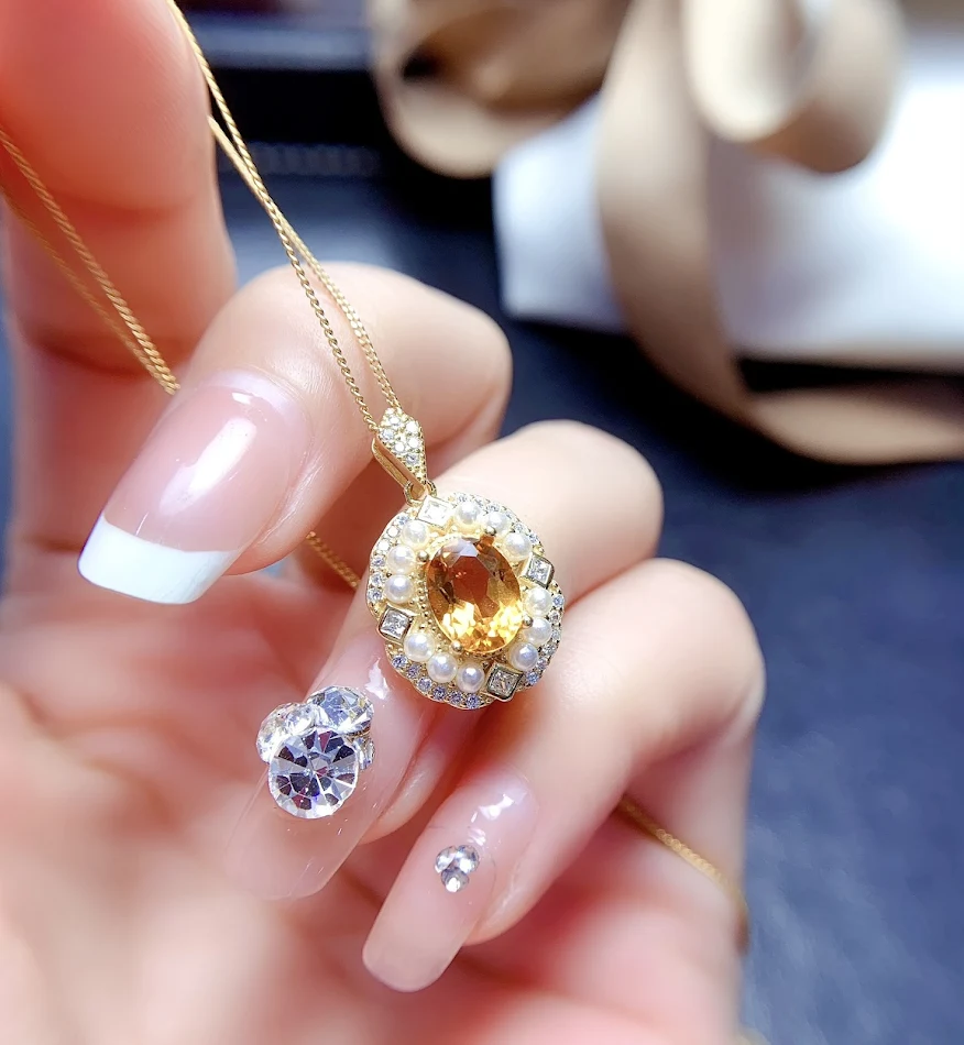 Sieraden set met natuurlijke citrien voor dames, S925 zilver. Een perfect cadeau, elegant en glanzend voor dagelijks gebruik of speciale gelegenheden.