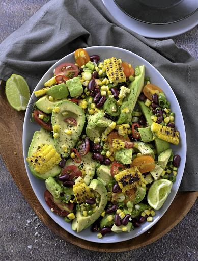 Avocado, grilled corn and bean salad.