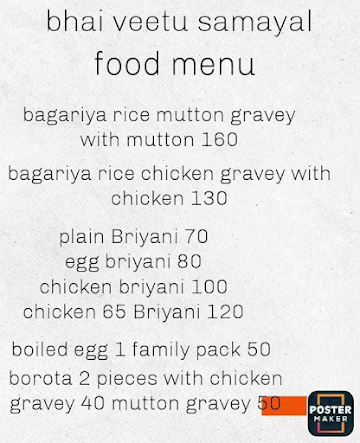 Bhai Vetu Samayal menu 