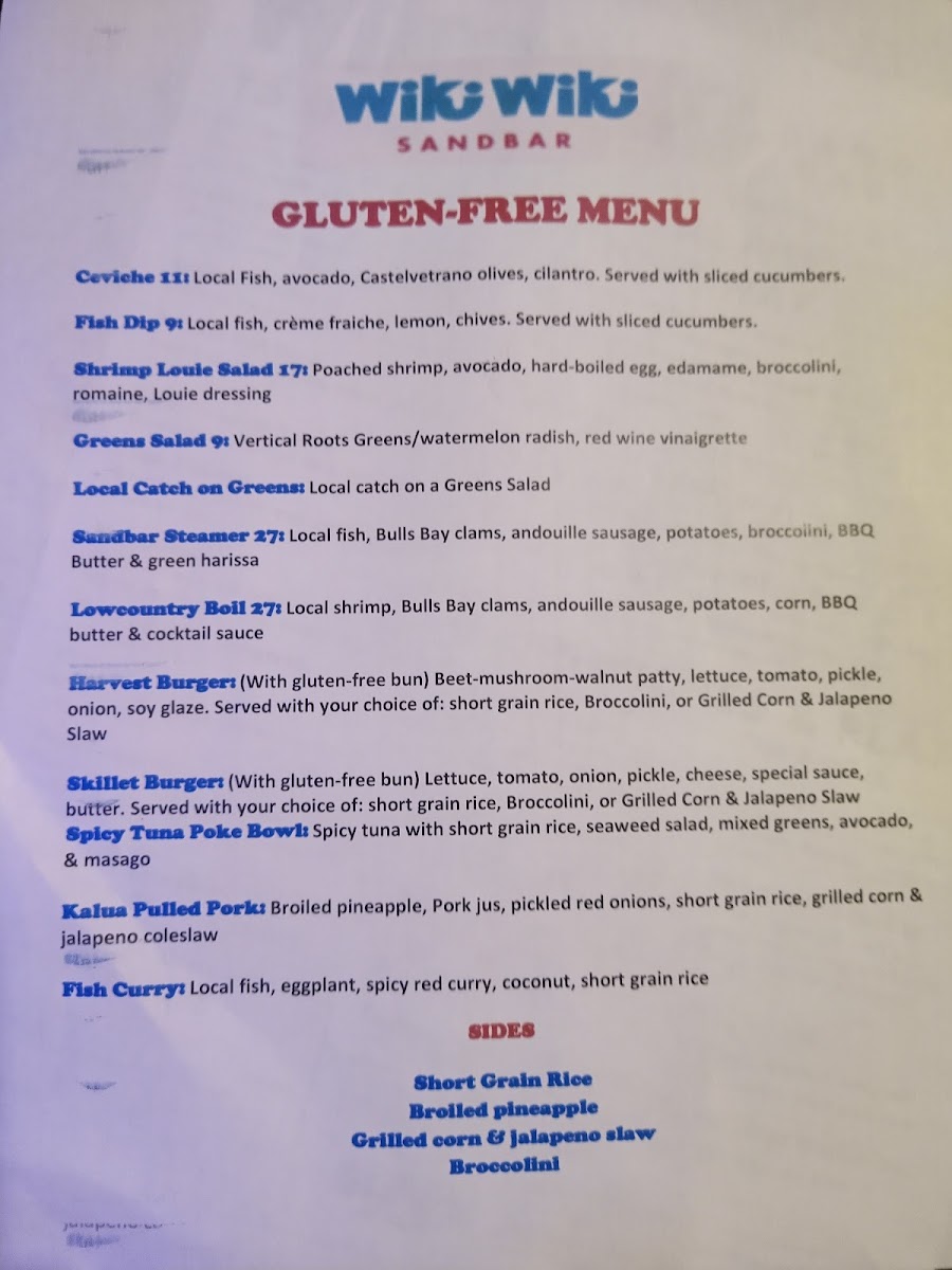 Wiki Wiki Sandbar gluten-free menu