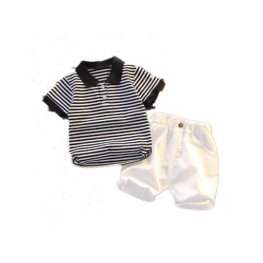 Title 9, Fashion Lapel Black and White Striped Short Sle...