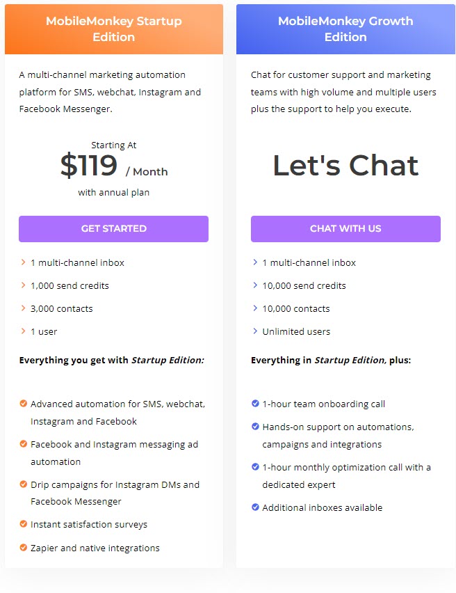 Pricing packages for Mobilemonkey 