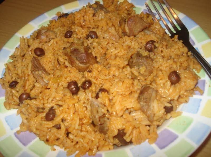 Here Is A Picture Of My Finished Dish Pigeon Peas With Pork And Rice. Arroz Con Gandules Y Puerco.