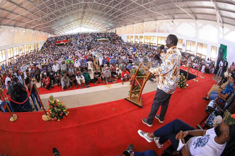 ODM leader Raila Odinga at Sheikh Zayed Hall in Mombasa on Sunday.