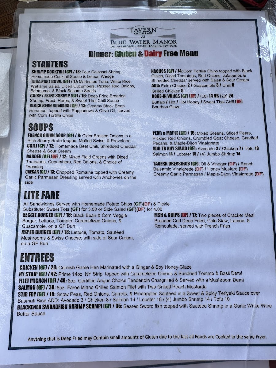 Tavern on the Lake gluten-free menu