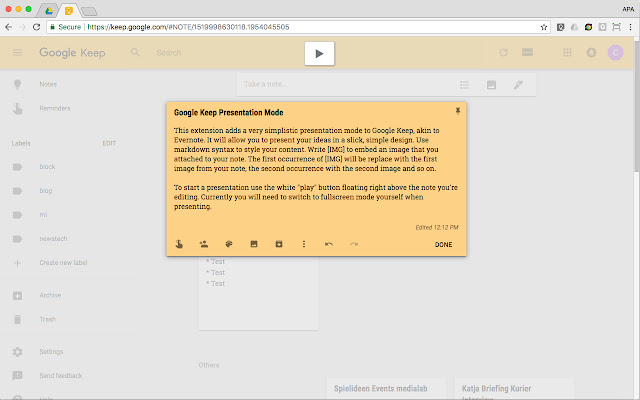 Google Keep Presentation Mode chrome extension