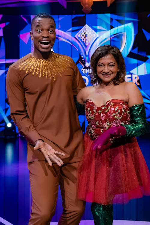 Host of the Masked Singer SA Mpho Popps with TV broadcaster Devi Sankaree Govender.