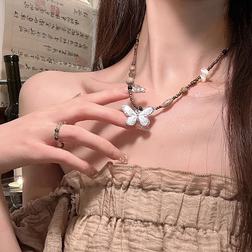 Title 3, Vintage Beaded Butterfly Necklace For Women. El...