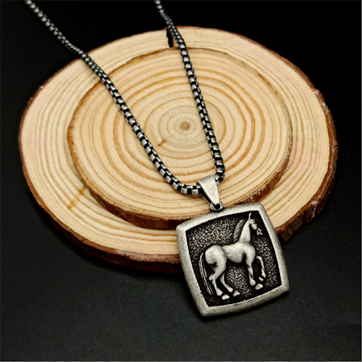 Title 2, Zodiac Horse Necklace Stainless Steel Vintage M...