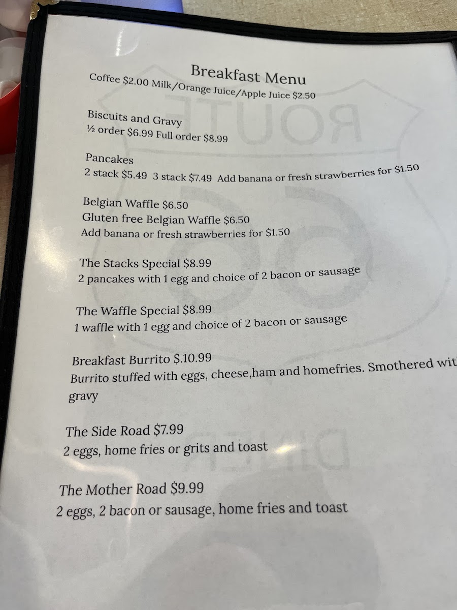 Route 66 Diner gluten-free menu