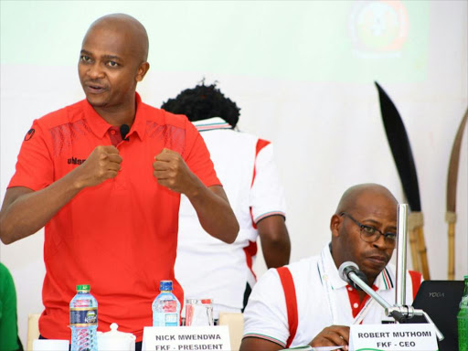 FKF president Nick Mwendwa addressing delegated at English Point Marina, Mombasa, November 18, 2017