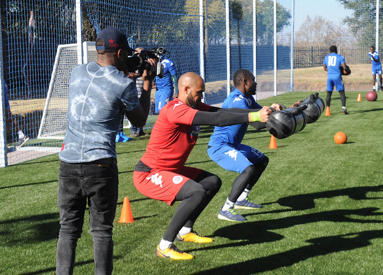 Reyaard Pieterse and Dove Wome of Supersport United during the 2017 MTN 8 Supersport United Afternoon Training on the 24 August 2017 at Megawatt Park.