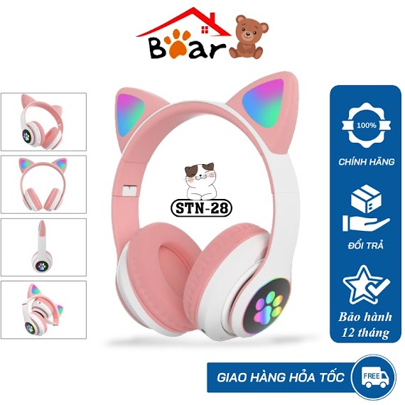 Tai Nghe Mèo Bluetooth Chụp Tai Stn28, Có Micro, Âm Thanh Siêu Bass. Headphone Con Mèo Chơi Game, Học Online