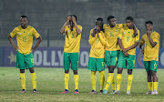 Bafana Bafana players during the penalty shootout in their 2022 Cosafa Cup quarterfinal at King Zwelithini Stadium in Durban on July 13 2022.
