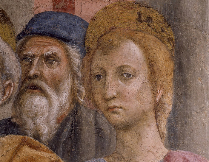 Masaccio, San Pietro risana con lombra (particolare dei malati guariti da San Pietro), affresco nella Cappella Brancacci, Santa Maria del Carmine, Firenze