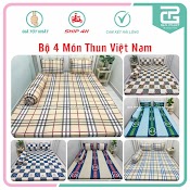 [ Link 1 - Kẻ Sọc ] Bộ Ga Giường 4 Món Thun Lạnh Việt Nam ( 1 Ga + 2 Áo Gối Nằm + 1 Áo Gối Ôm)