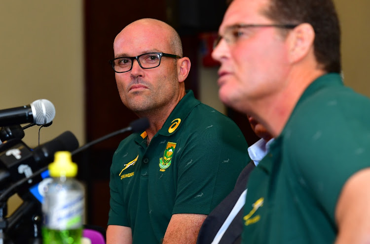 Springbok head coach Jacques Nienaber said SA Rugby's director of rugby Rassie Erasmus, in the foreground, will tour the United Kingdom with the team.