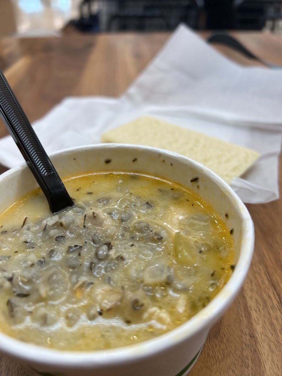 Chicken Wild Rice Soup and GF crouton cracker.