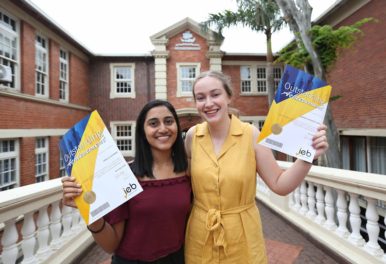 Two of KwaZulu-Natal's IEB top achievers Cenelle Gounden, left, and Andrea Plumbley, from Durban Girls' College. Gounden attributed her success to staying “balanced and grounded".