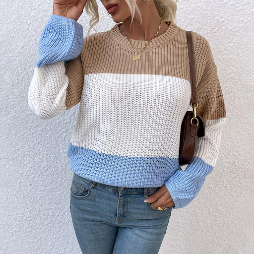 Title 3, Contrast Color Sweater Lantern Sleeve Pullover