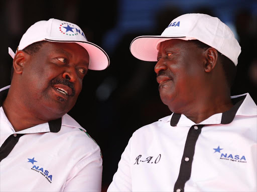 ANC leader Musalia Mudavadi and NASA presidential hopeful Raila Odinga in Uhuru Park on Th ursday /JACK OWUOR