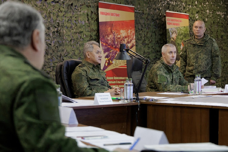 Russia's defence minister Sergei Shoigu chairs a March 4 2023 meeting during what the ministry said was an inspection of a forward command post of Russian armed forces deployed in Ukraine, at an unknown location.