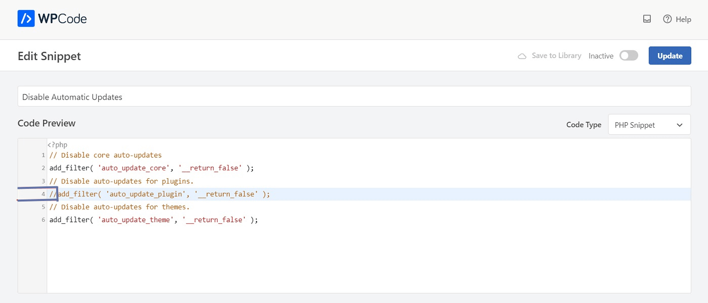 Adding slashes to lines of code turns them into comments so they won't be executed. You can use this to disable automatic updates.