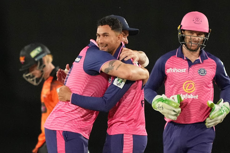 Paarl Royals' Bjorn Fortuin celebrates the wicket of Jordan Cox of Sunrisers Eastern Cape during the Betway SA20 match at Boland Park on January 19, 2023.