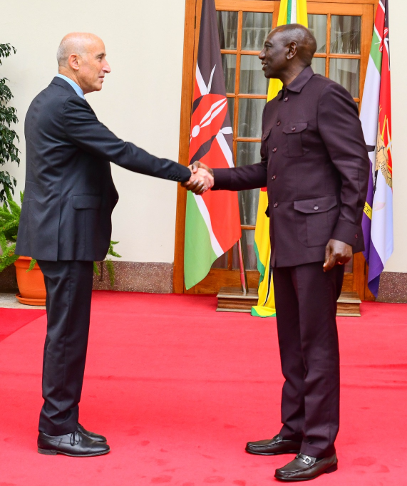 President William Ruto greeting Israel Ambassador to Kenya Lotem Michael at State House, Nairobi on August 4, 2023