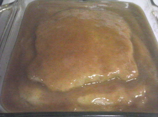 This is the cake with the glaze over it. Suggestion is to serve on plates and drizzle the sauce over it instead of just pour over cake as I did.