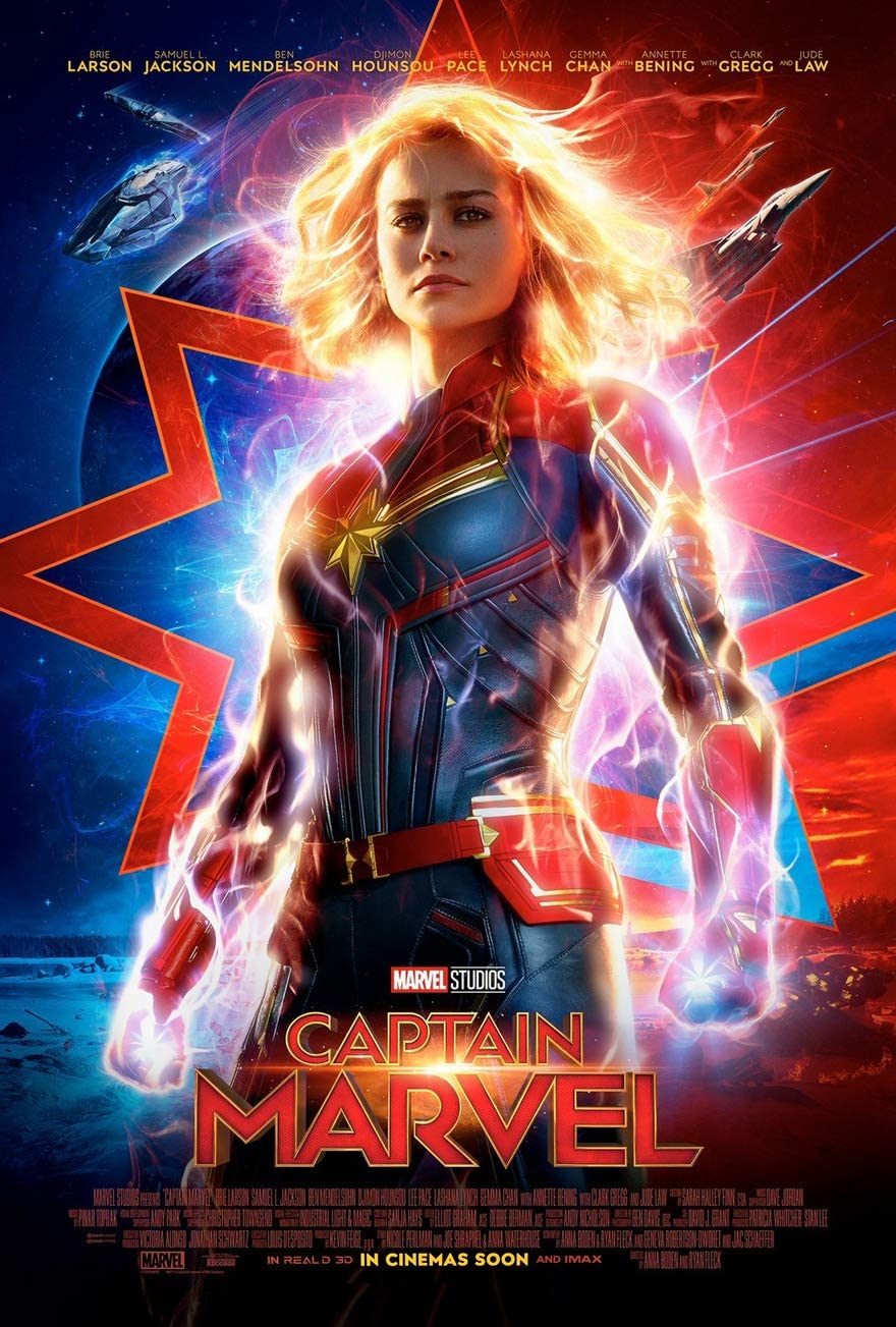 The Captain Marvel movie poster featuring Brie Larosn dressed as a glowing Captain Marvel.