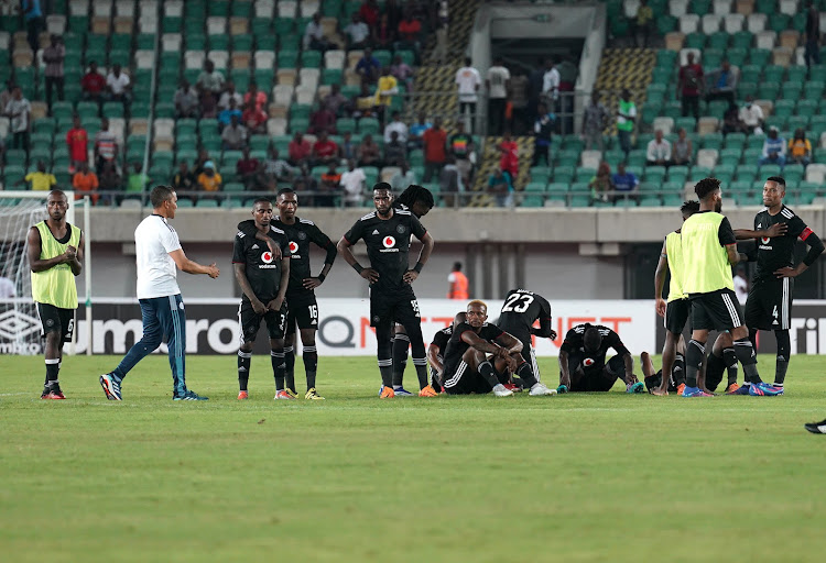 Dejected Orlando Pirates players after losing to RS Berkane on penalties during the CAF Confederation Cup final at the Godswill Akpabio International Stadium in Uyo, Nigeria.