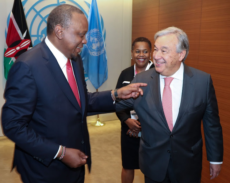 President Uhuru Kenyatta when he held talks with the UN Secretary General Antonio Guterres during the United Nations General Assembly in New York.