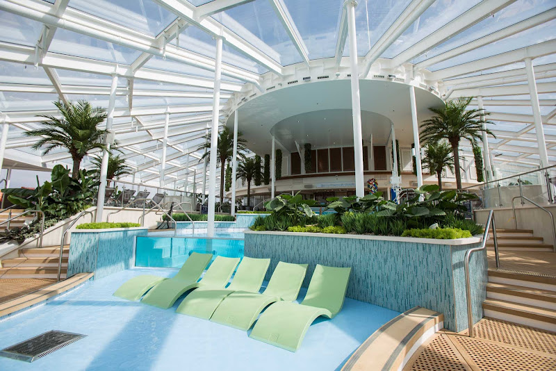 Relax, unwind and enjoy a dip in the pool or whirlpool as you admire 360-degree views in the Solarium aboard Anthem of the Seas.