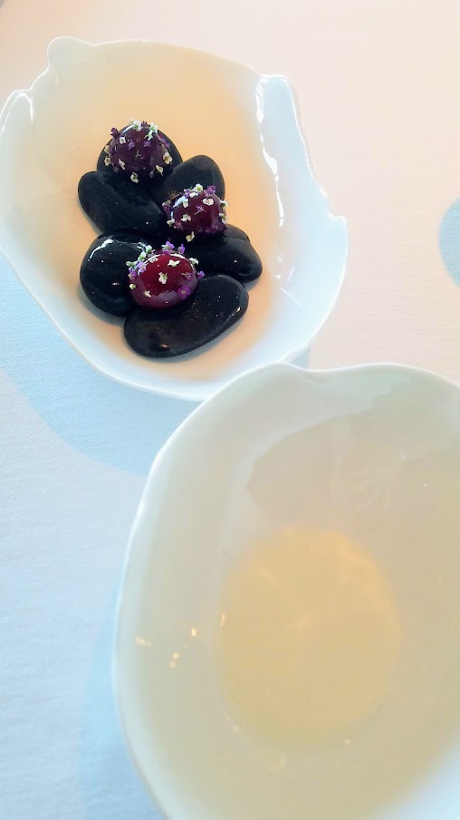 Snack of 'Beetroot Stone' Scallop and Horseradish at Geranium, a three Michelin star restaurant in Copenhagen