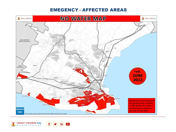 A map showing parts of Nelson Mandela Bay affected by water shortages.
