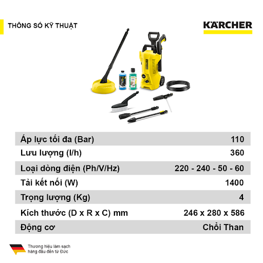 Máy xịt rửa áp lực cao Karcher K 2 Power Control Car & Home, máy rửa xe áp lực mạnh đến 110 bar, dây áp lực 5 mét