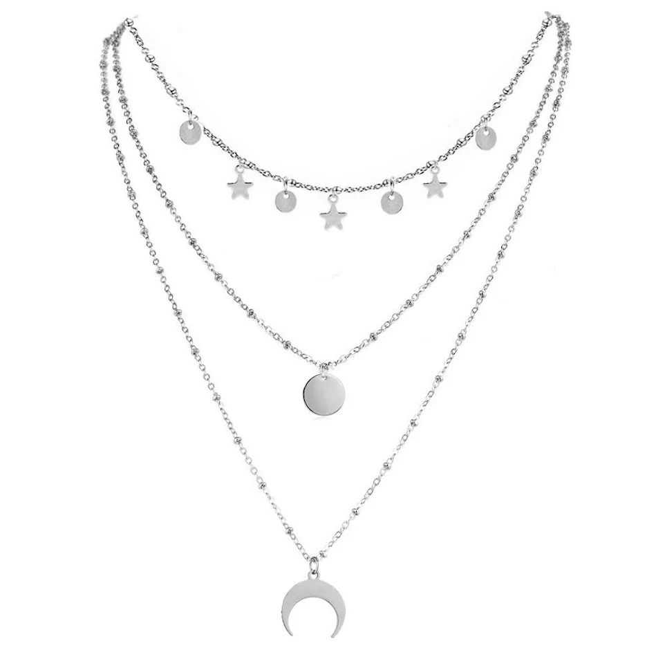 Collier de mode européen et américain à pampilles, nouveau design 3 couches, étoiles et sequins en acier inoxydable