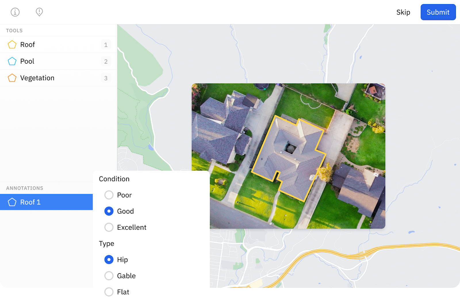 This image captured from an aerial image shows objects such as rooftops, pools and vegetation using image segmentation masks.