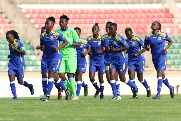 Vihiga Queens players match off the pitch during the CAF women's champions league qualifiers against Commercial Bank of Ethiopia at Nyayo Stadium