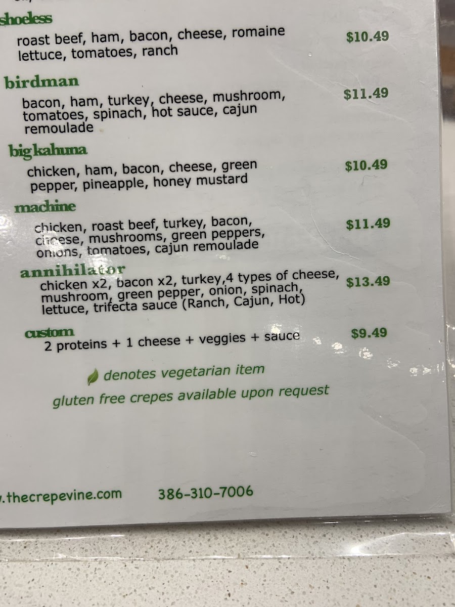 The Crepevine gluten-free menu