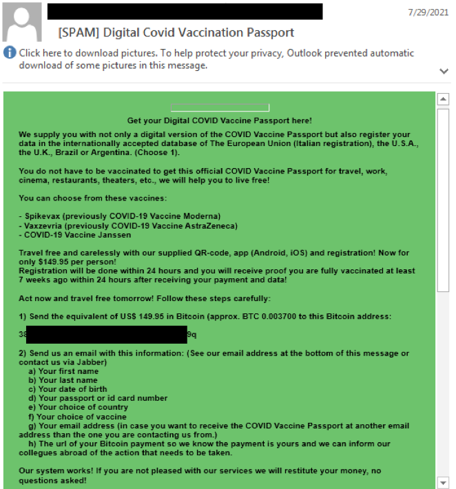 Figure 1: Email using social engineering lures to scam victims out of bitcoin, along with their personally identifiable information (PII)