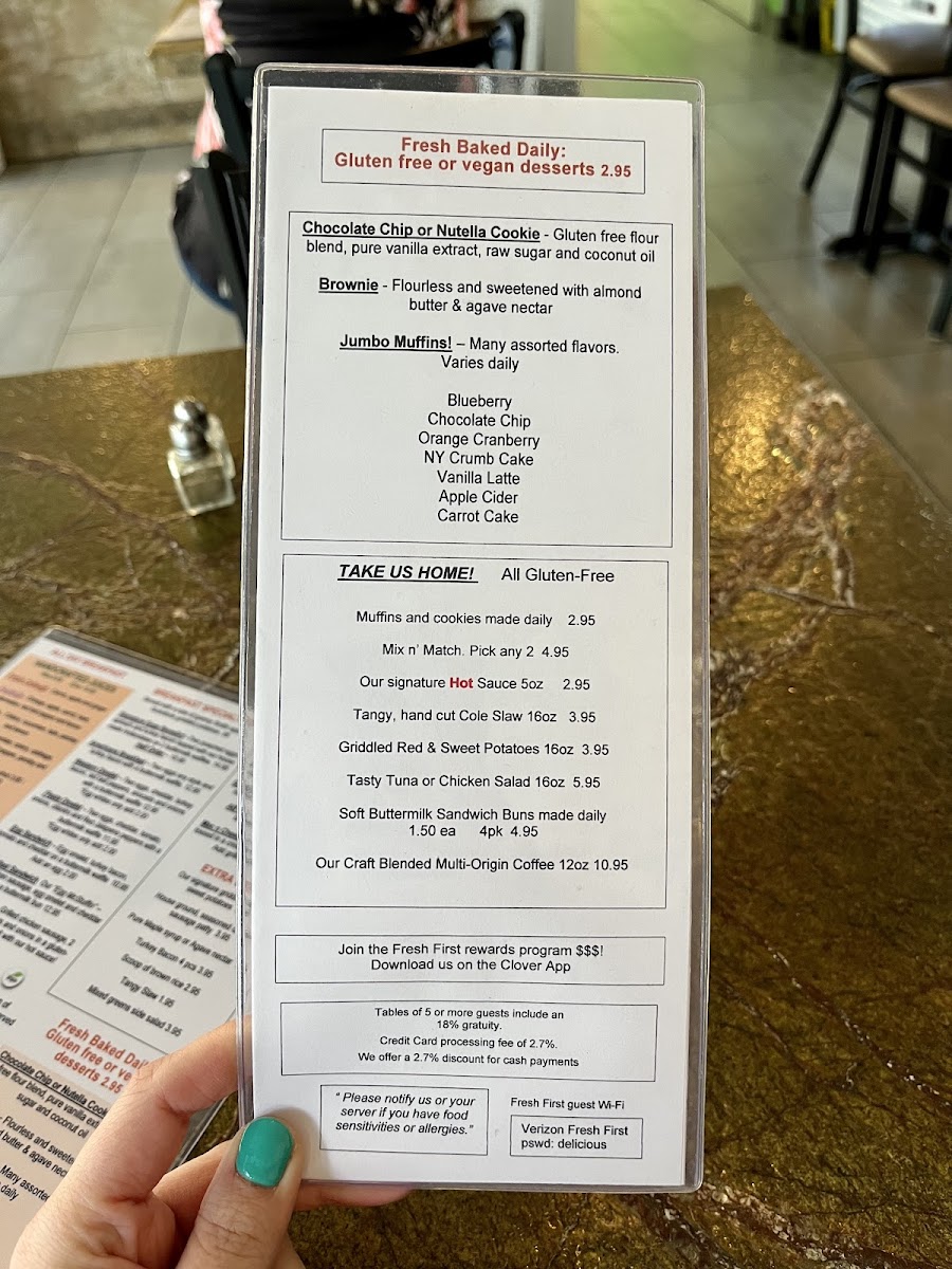 Fresh First gluten-free menu