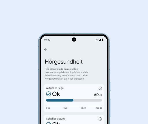 Auf einem Pixel Smartphone sind in der geöffneten Pixel Buds App Informationen zur Hörgesundheit zu sehen